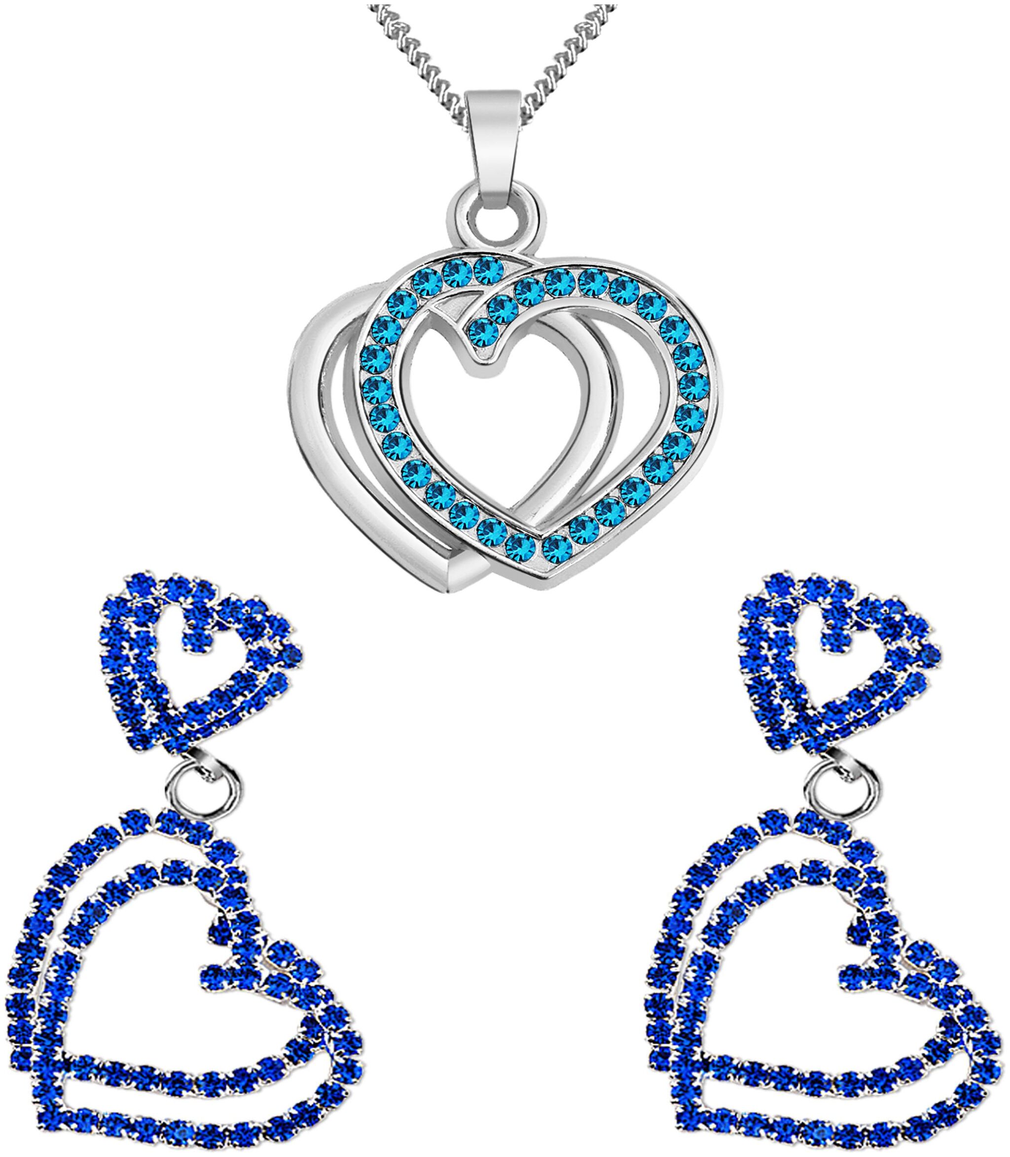 

Alanswiss Blue Trendy Double Heart Shape Pendant And Earring Combo For Women