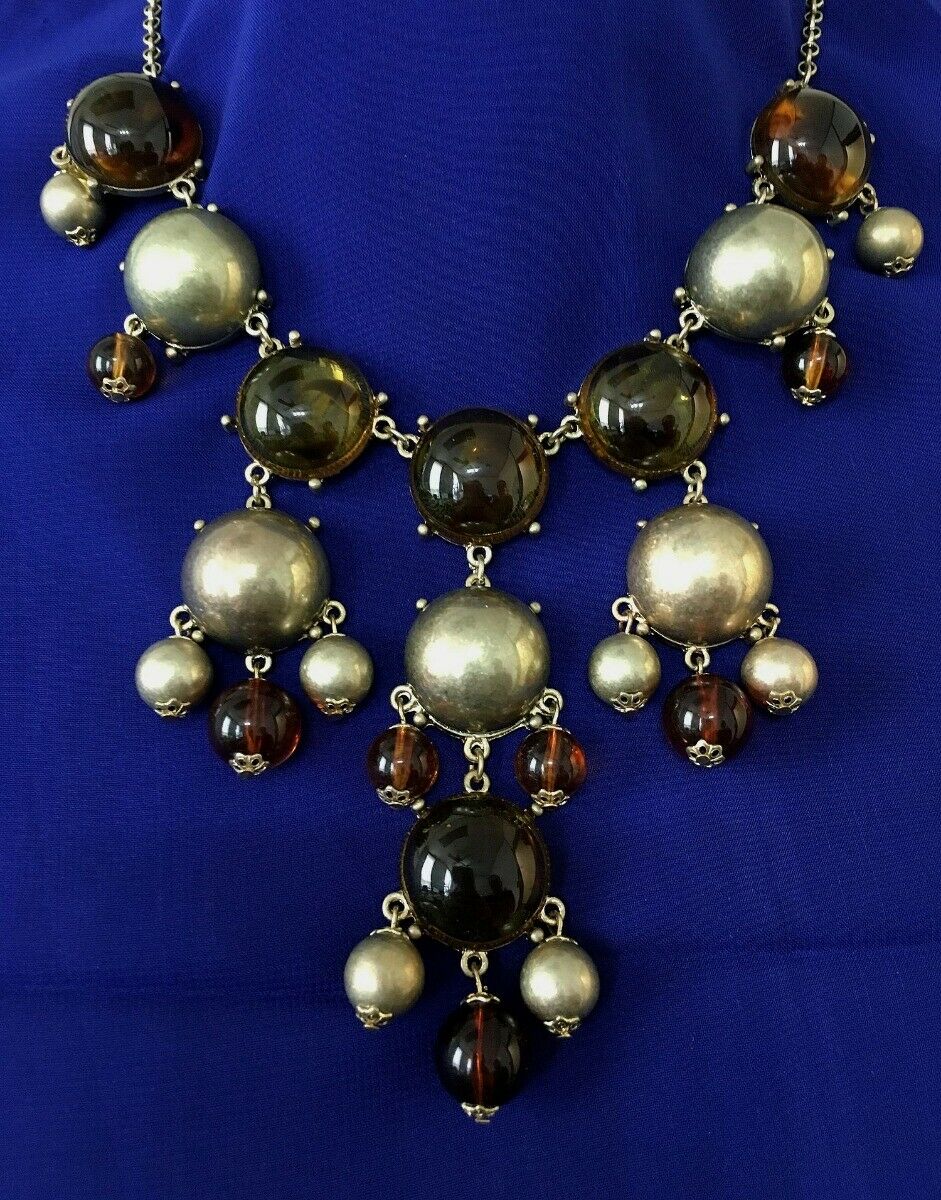 

Faux AMBER Ball Antique Gold Brass metal Beads Cluster Necklace SET J3-7 2