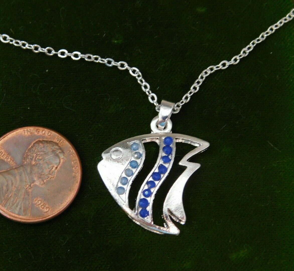 

Angel Fish Nautical Blue Rhinestone Pendant Silver Necklace K2