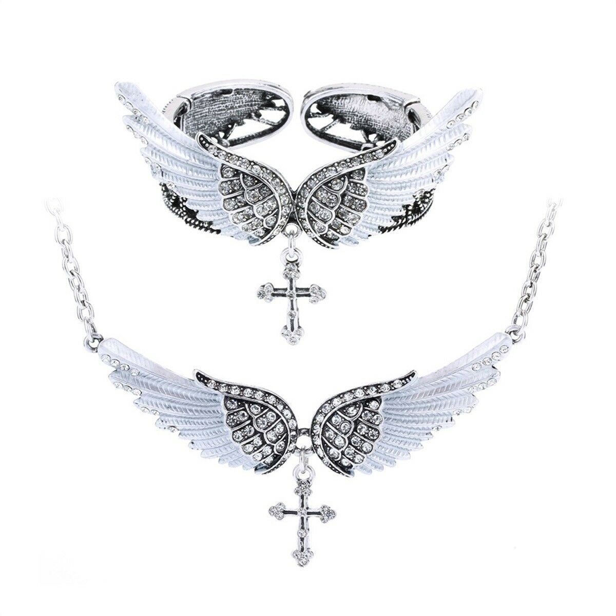 

Angel wing cross necklace bracelet set women biker jewelry gift BN01 gold silver