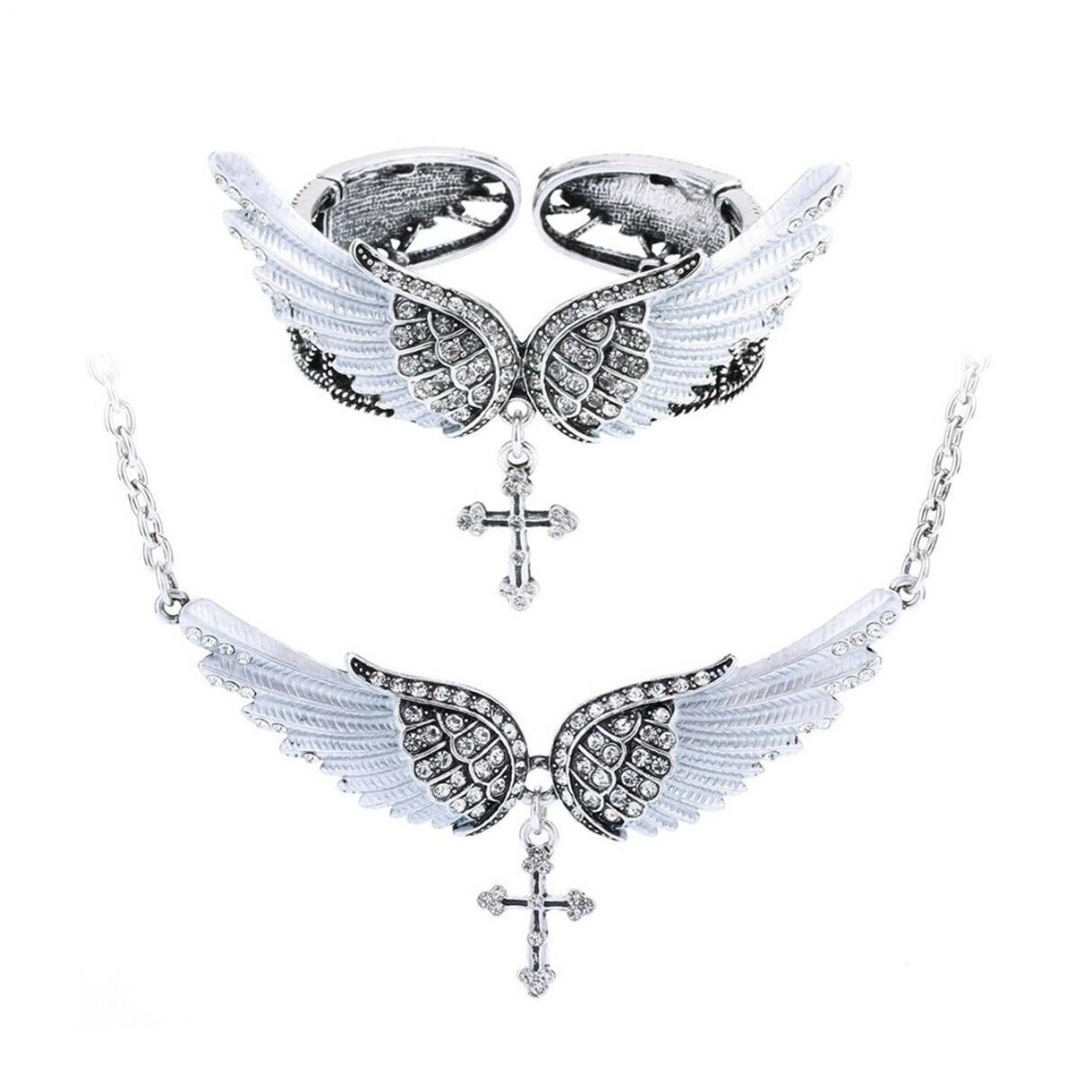 

Angel wing cross necklace bracelet sets bling jewelry gifts women QNC01 silver