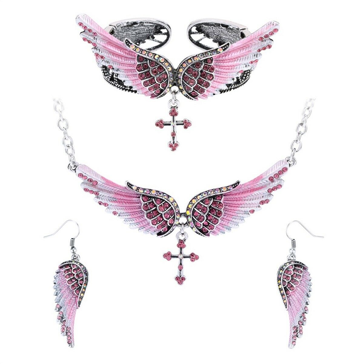 

Angel wing cross necklace earrings bracelet set women jewelry BNE01 gold silver