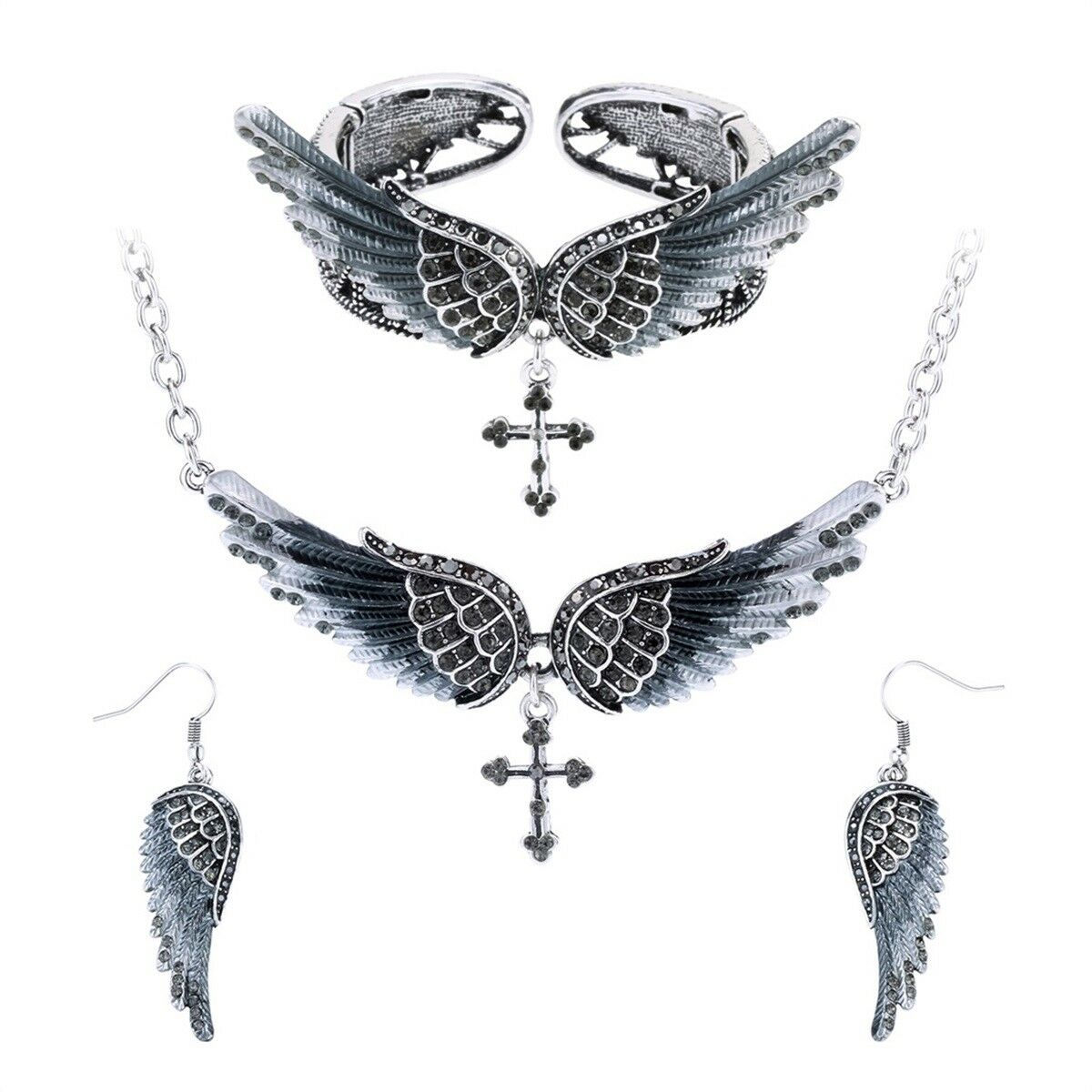 

Angel wing cross necklace earrings bracelet set women jewelry BNE01 gold silver