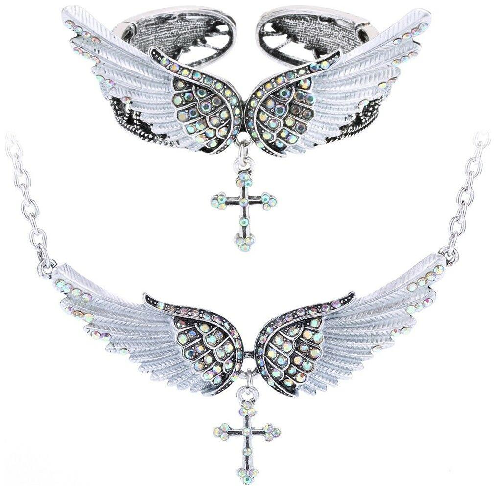 

Angel wing cross necklace bracelet sets bling jewelry gifts women QNC01 silver