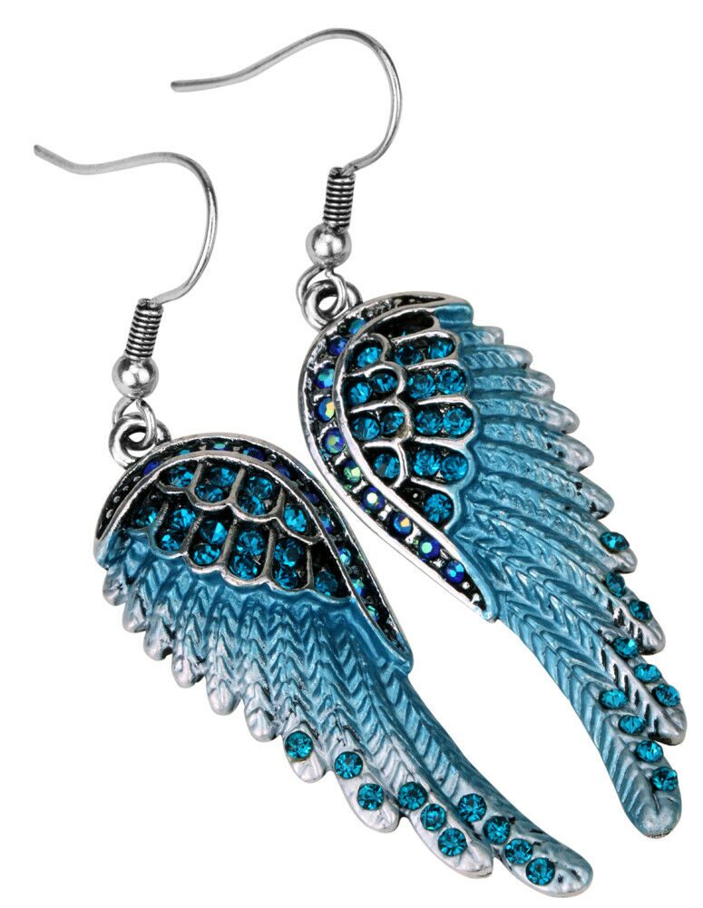 

Angel wing dangle drop earrings bling biker jewelry gifts for women EC23 silver