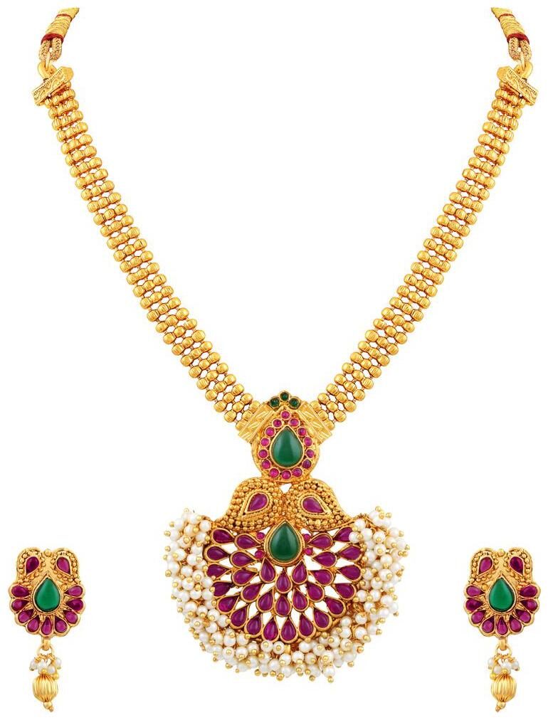 

Asmitta Ethnic 3 String Gold Plated Matinee Style Necklace Set For Women