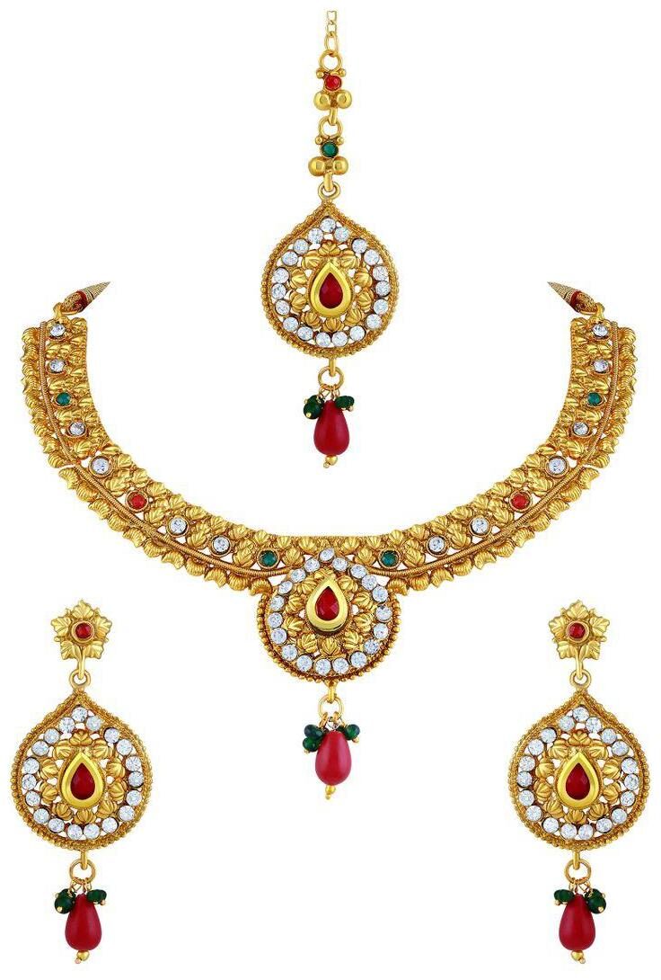 

Asmitta Excellent Gold Plated Choker Style Necklace Set With Mangtikka For Women