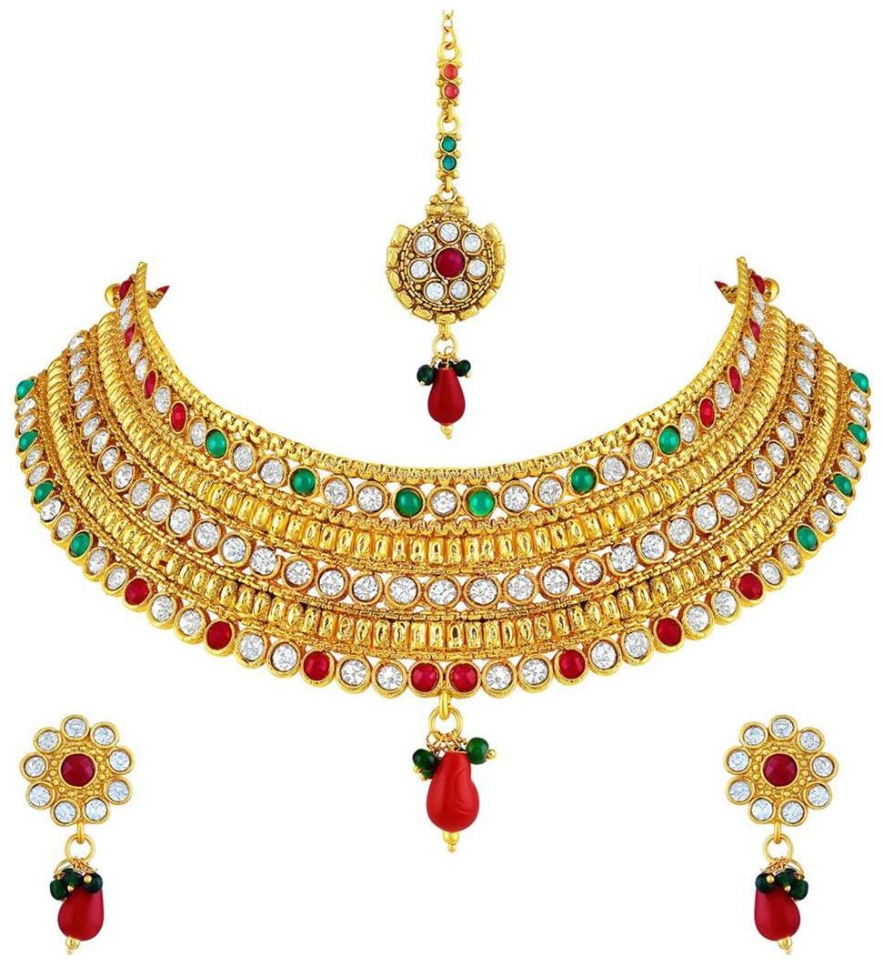 

Asmitta Exquisite 3 Line Stone Gold Plated Choker Style Necklace Set With Mangtikka For Women