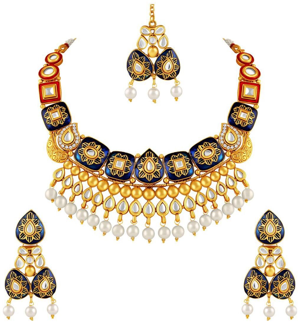

Asmitta Glamorous Meenakari Work Gold Plated Choker Style Kundan Necklace Set For Women