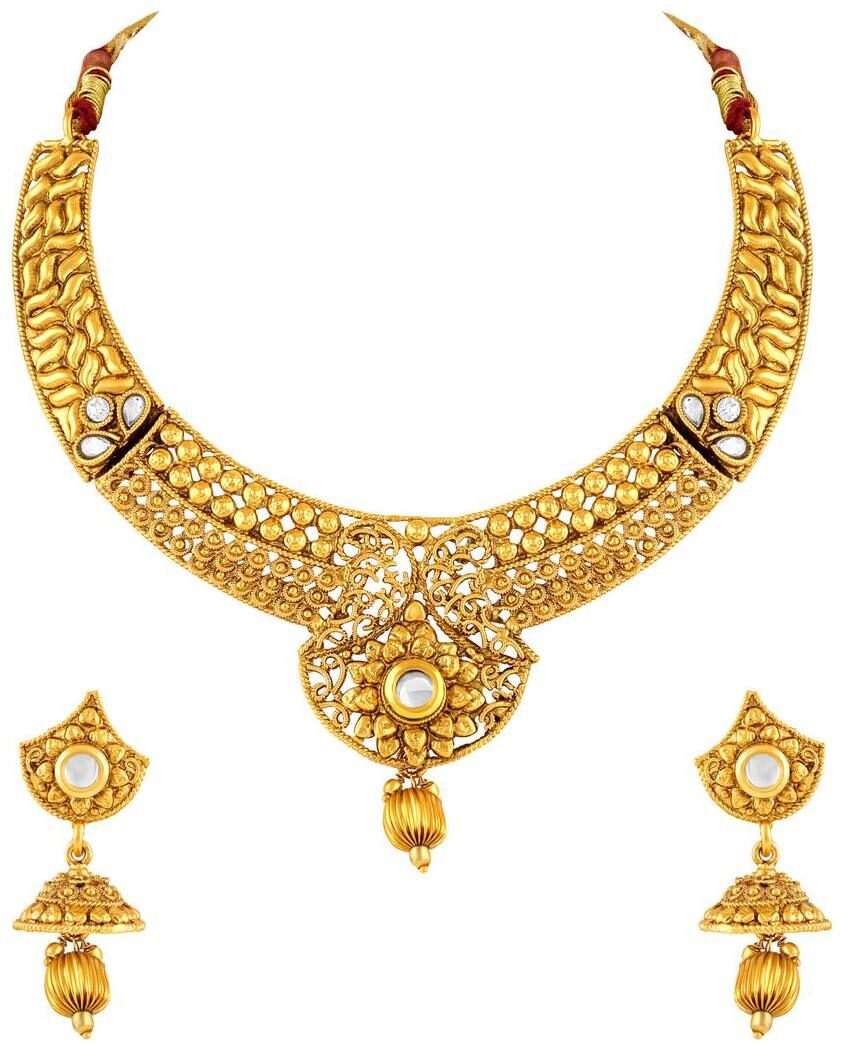 

Asmitta Glistening Filigiree Design Gold Plated Choker Style LCT Stone Necklace Set For Women