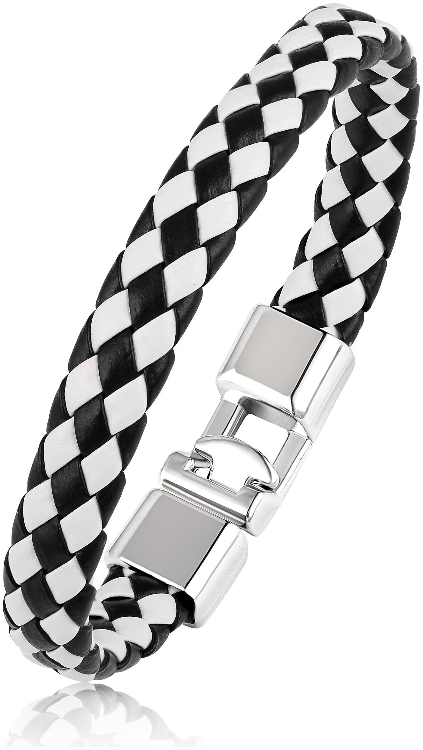 

Asmitta High Stainless Steel Black White Leather Silver Plated Bracelet For Men