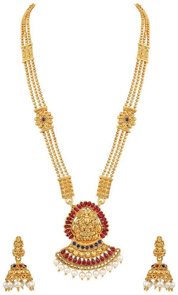 

Asmitta Royal 3 String Laxmi Pendent Temple Gold Plated Matinee Style Necklace Set For Women