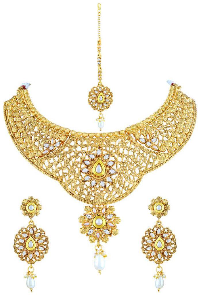 

Asmitta Shimmering Flower Shape Gold Plated Choker Style Necklace Set With Mangtikka For Women