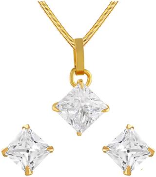 Asmitta Sparkling Square Shape Gold Plated Matinee Style White Stone Pendant Set For Women