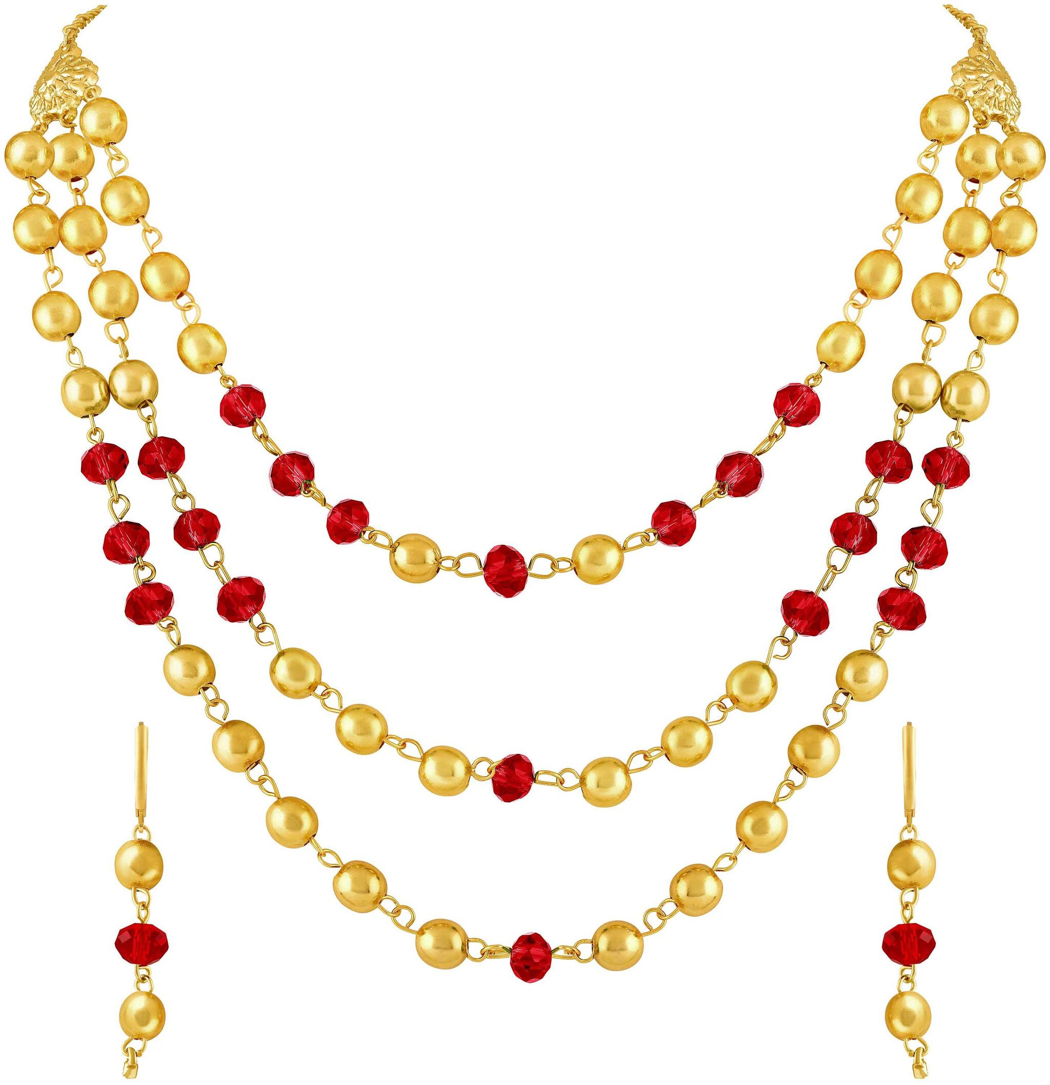 

Asmitta Sparkling Gold Plated Princess Style Red Color 3 String Necklace Mala Set For Women