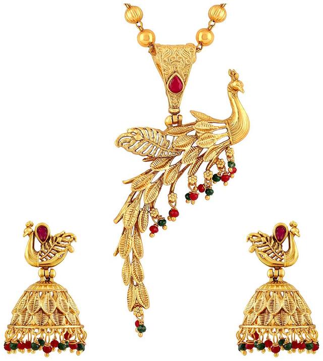Asmitta Stylish Peacock Gold Plated Matinee Style Pink Stone Brass Necklace Mala Set For Women