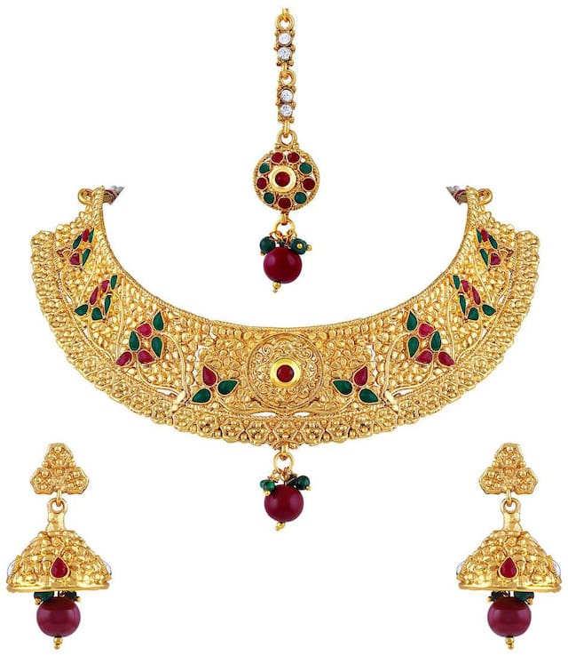 Asmitta Traditional Leaf Design Gold Plated Choker Style Necklace Set For Women