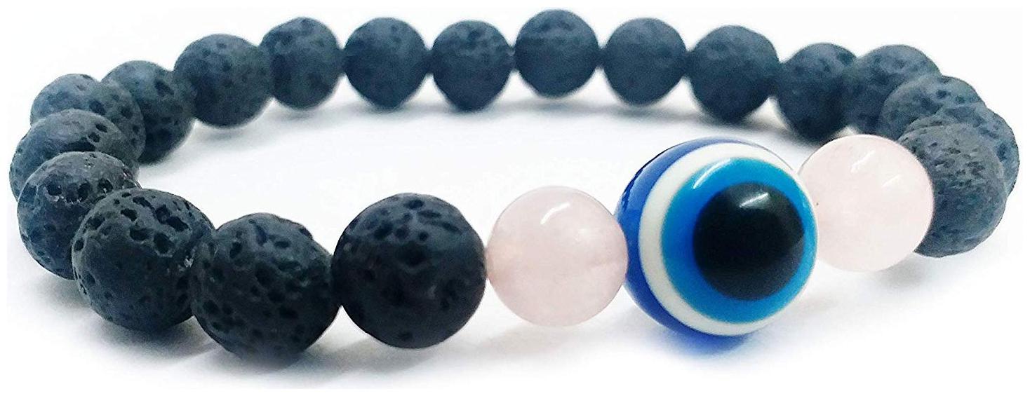 

Astrocrystals9 Evil Eye Rose Quartz Lava Volcanic Beads Stretch Bracelet