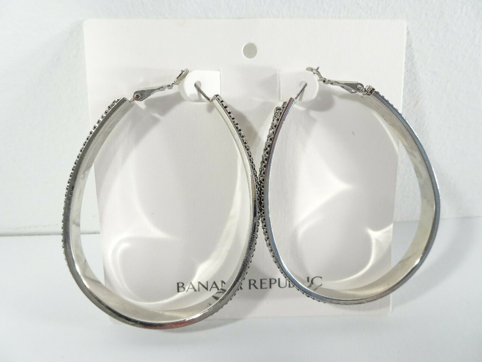 

Banana Republic Antique Silver Large Oval Drop Crystal Hoop Earrings NWT 45