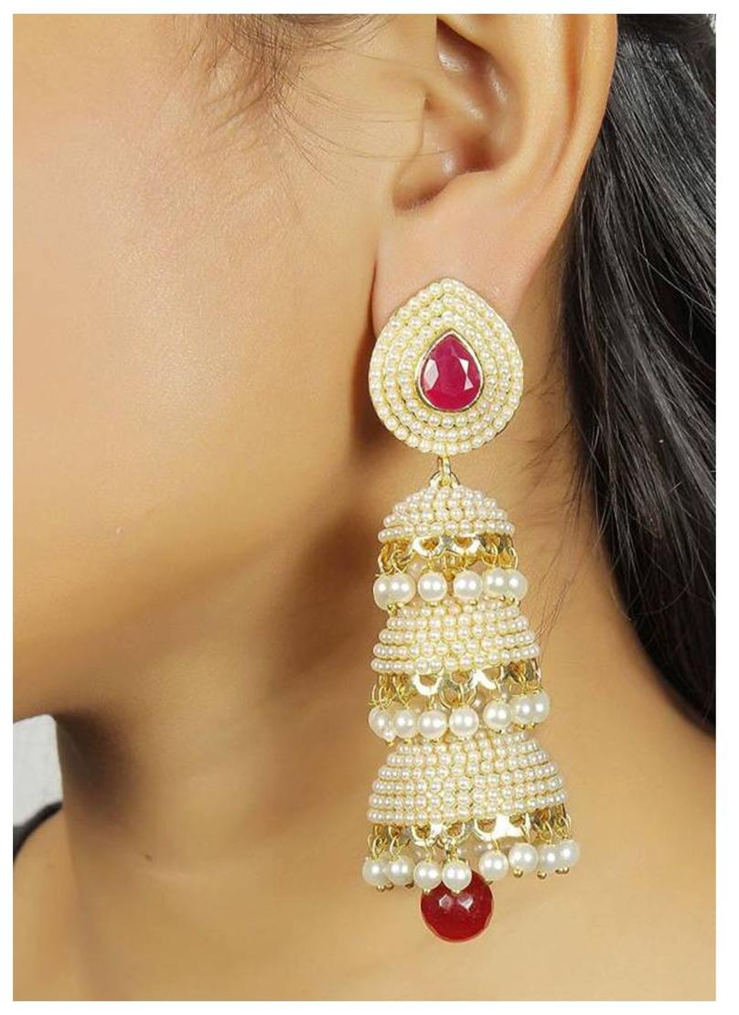 

Bandish Pearl Triple Storey Three layered Red Jhumki
