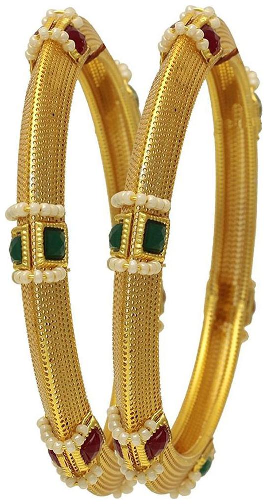 

Bandish Red and Green Stone studded Set of 2 Golden Bangles