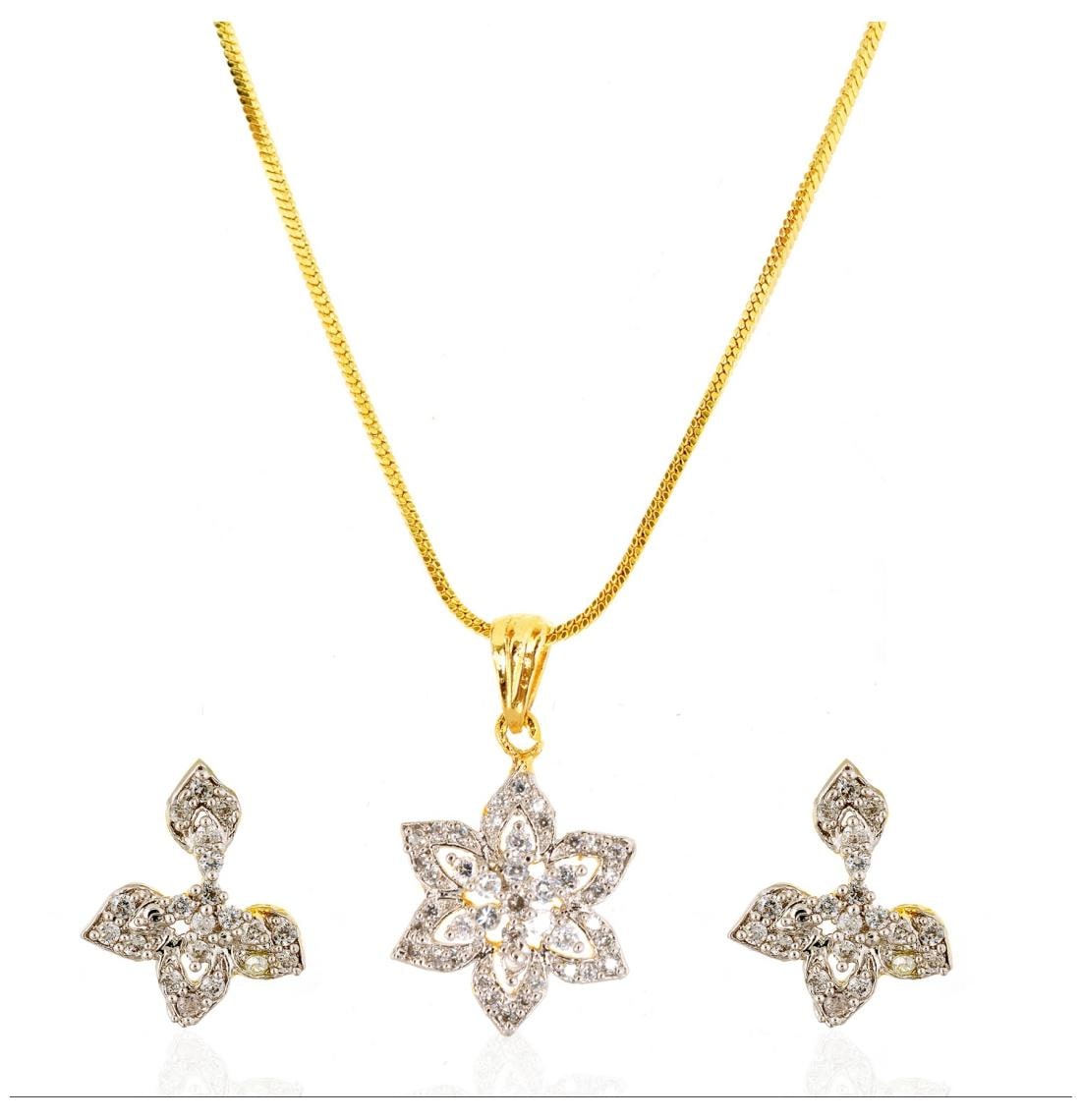 

Be You Contemporary White Color Cubic Zirconia Studded with Rhodium Plated Brass Diamond Look Earrings Pendant Set for Women