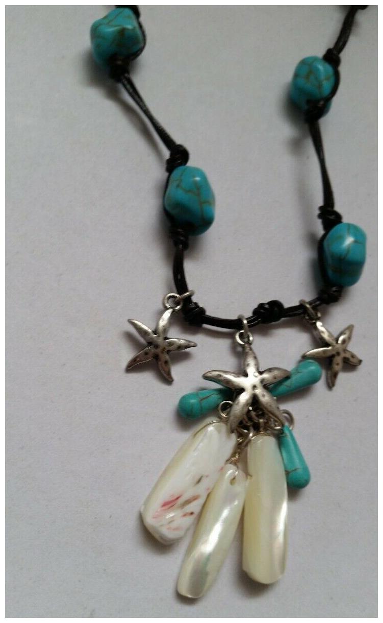 

Beach style cord Turquoise stones Mother of Pearl Silver-tone Sea Stars Z03-3 22