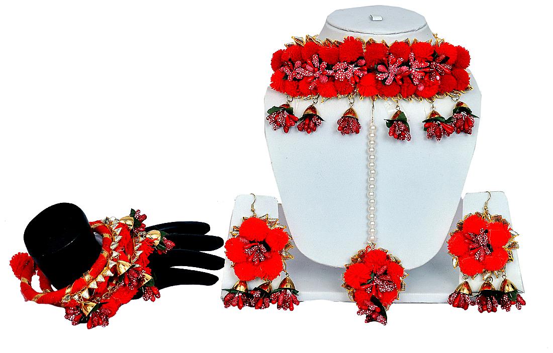 

Beautiful Gotta Patti Red Pom Pom Choker Necklace with Mang Tikka Earring Pair of kade