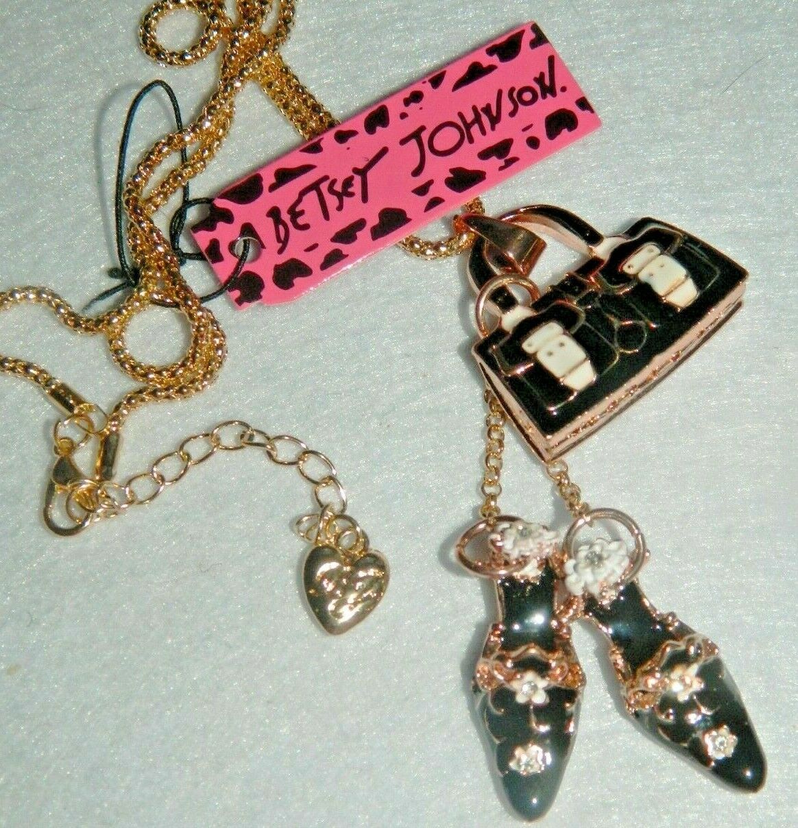 

Betsey Johnson pendant purse and high heel shoes black white 28 chain