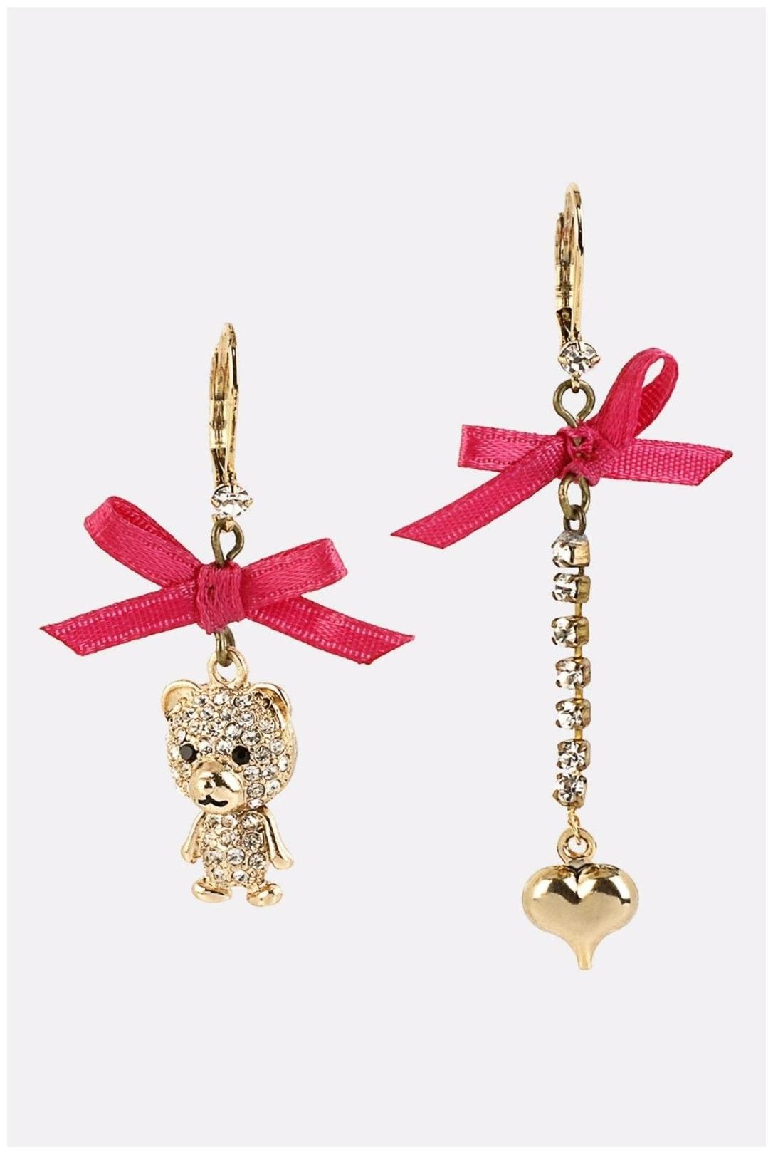 

BETSEY JOHNSON TERRIFIC TUTUS GOLD TONE HEART BEAR CRYSTAL BOW MISMATCH EARRINGS