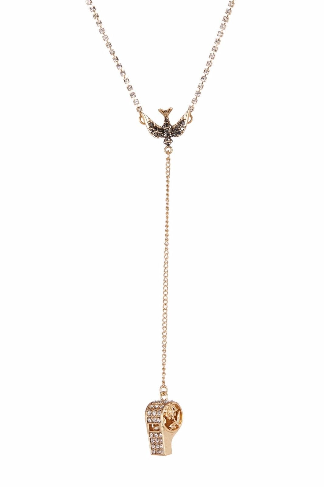 

BETSEY JOHNSON WANDERLUST GOLD TONE BIRD FLOWER WHISTLE HEART CRYSTAL Y-NECKLACE