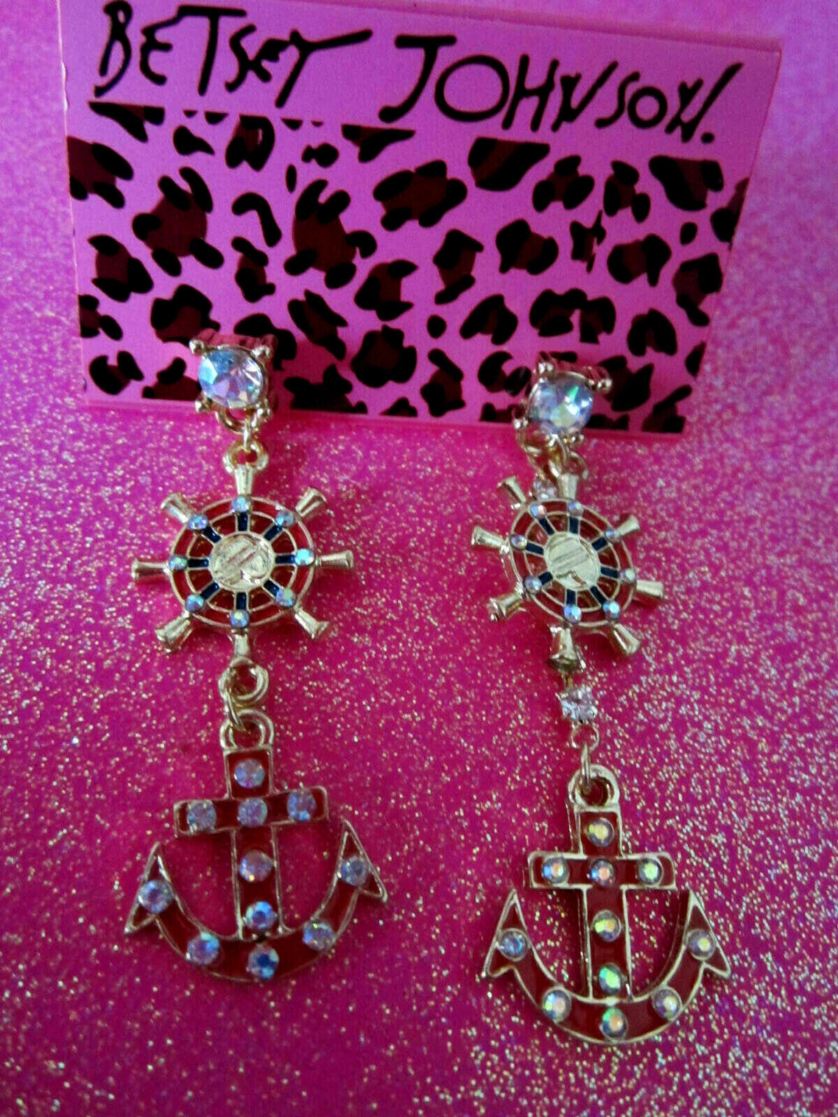 

Betsey Johnson Red Ships Wheel Anchor Dangle Earrings
