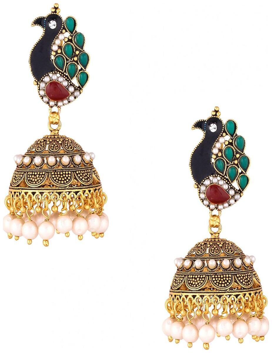 

Bhagya Lakshmi Traditional Peacock Embebbed Copper Plated Jumki Earrings For Women