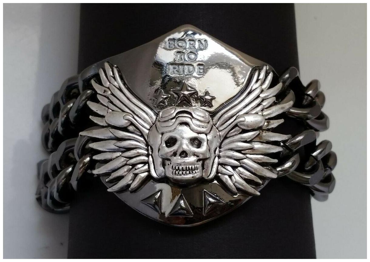 

Biker Wristband Wide Gun-metal chain Born to Ride Wing Scull Bracelet U4-5 22