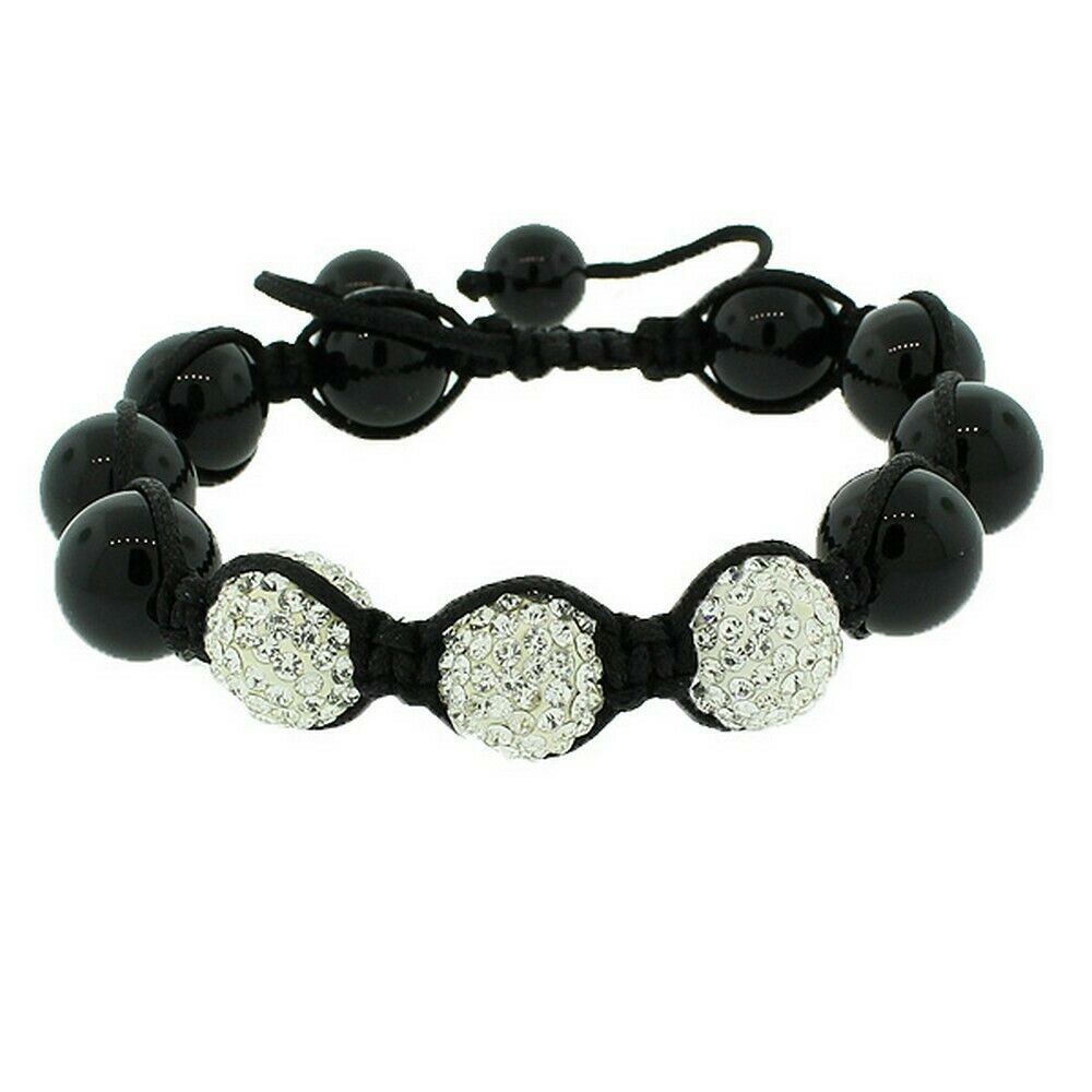 

Black Beaded Cord White Crystals Ball Unisex Bracelet