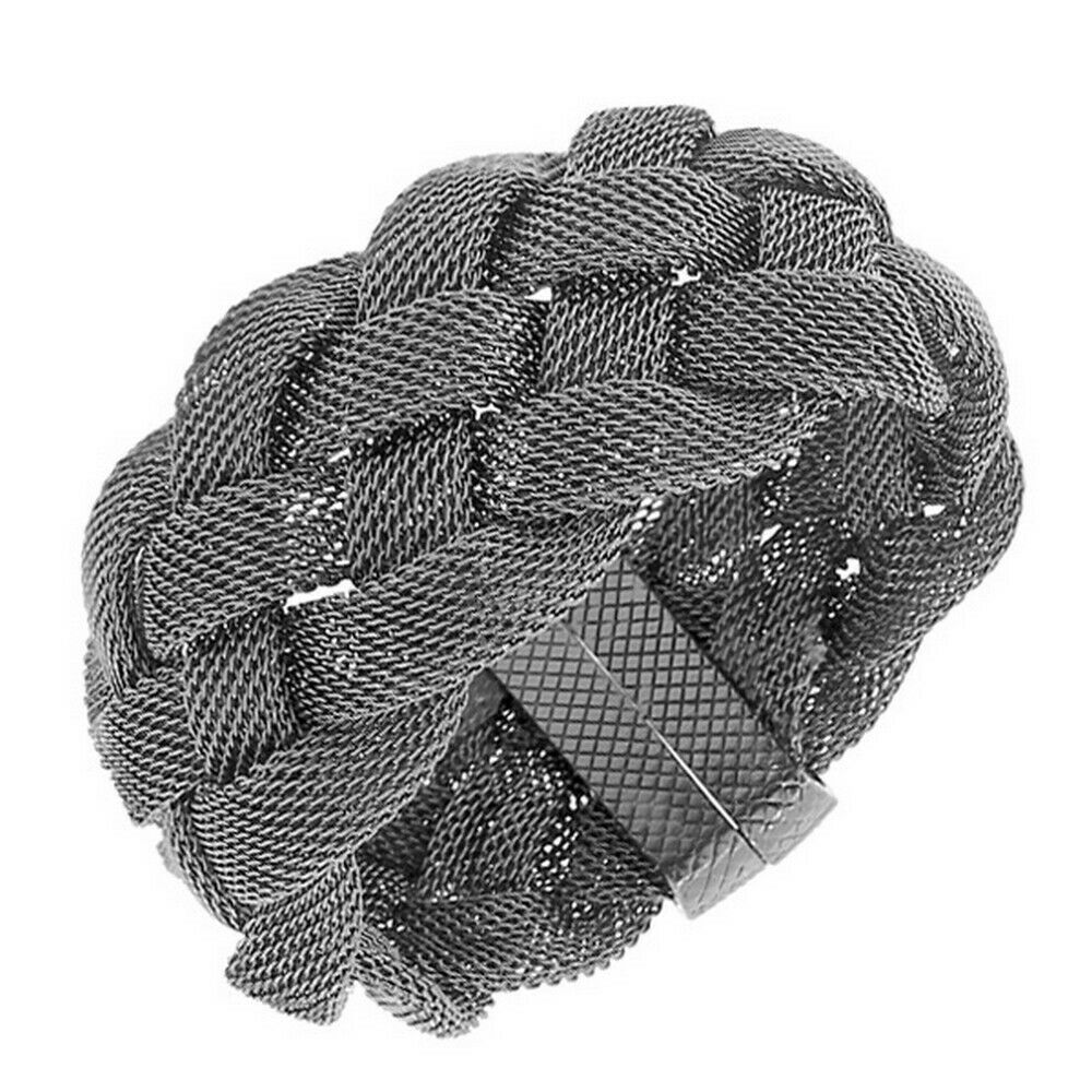 

Black Chrome-Tone Braided Mesh Chain Wide Womens Fashion Bangle Bracelet