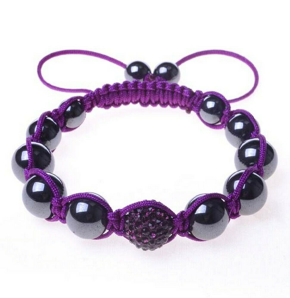 

Black Chrome Metallic Purple Crystal Ball Adjustable Macrame Unisex Bracelet