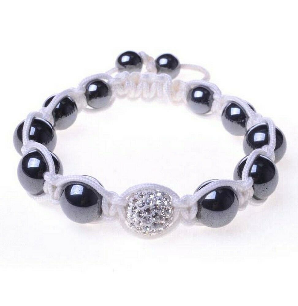 

Black Chrome Metallic White Crystal Ball Adjustable Macrame Unisex Bracelet