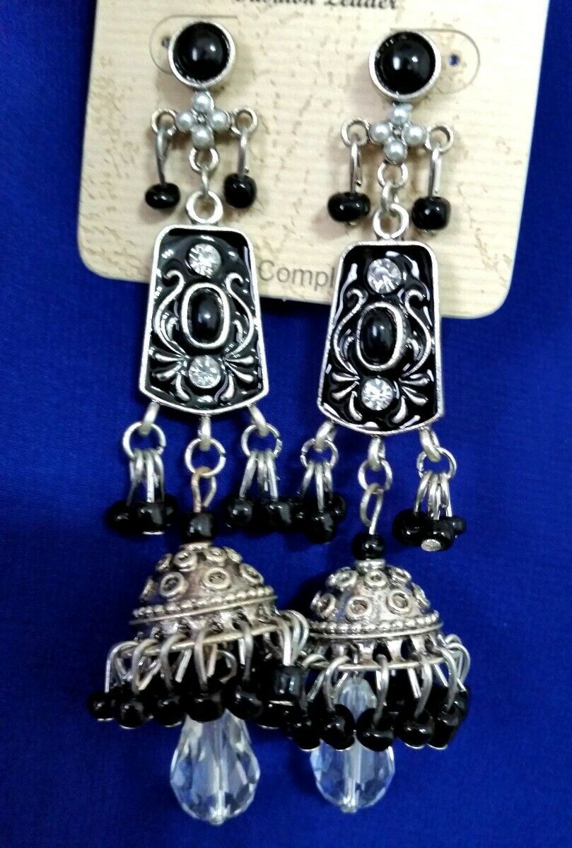 

Black enamel Silver-tone metal Minakari Meenakari Dome Drop Earrings N7-7 22