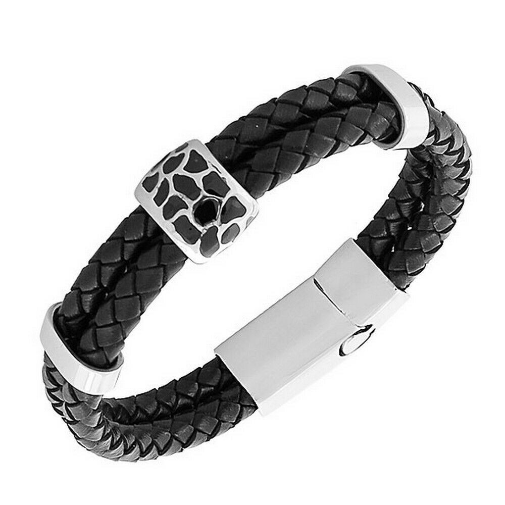 

Black Genuine Leather Braided Silver-Tone Wristband Womens Bracelet with Clasp