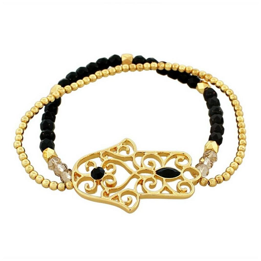 

Black Gold Crystals CZ Hamsa Evil Eye Stretch Beaded Womens Bangle Bracelet