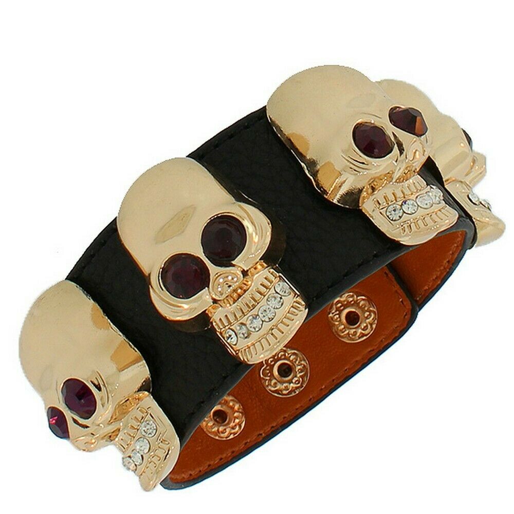 

Black Leather Gold Tone Fashion Scull Crystals CZ Womens Wristband Bracelet