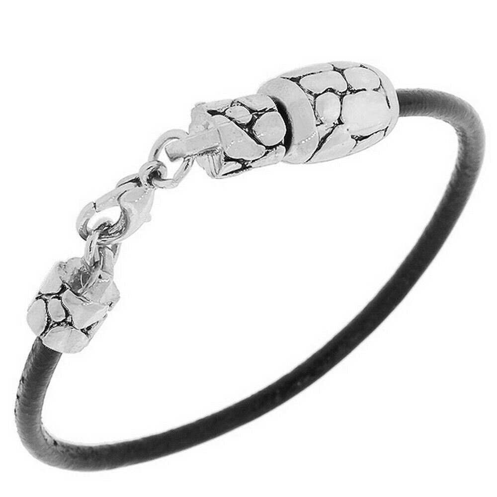 

Black Leather White Gold Silver Tone Pebble Snake Skin Wristband Bracelet