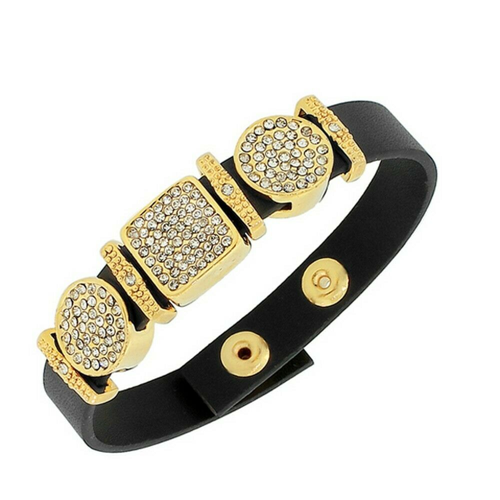 

Black Leather Gold White Crystals CZ Wristband Womens Adjustable Bracelet