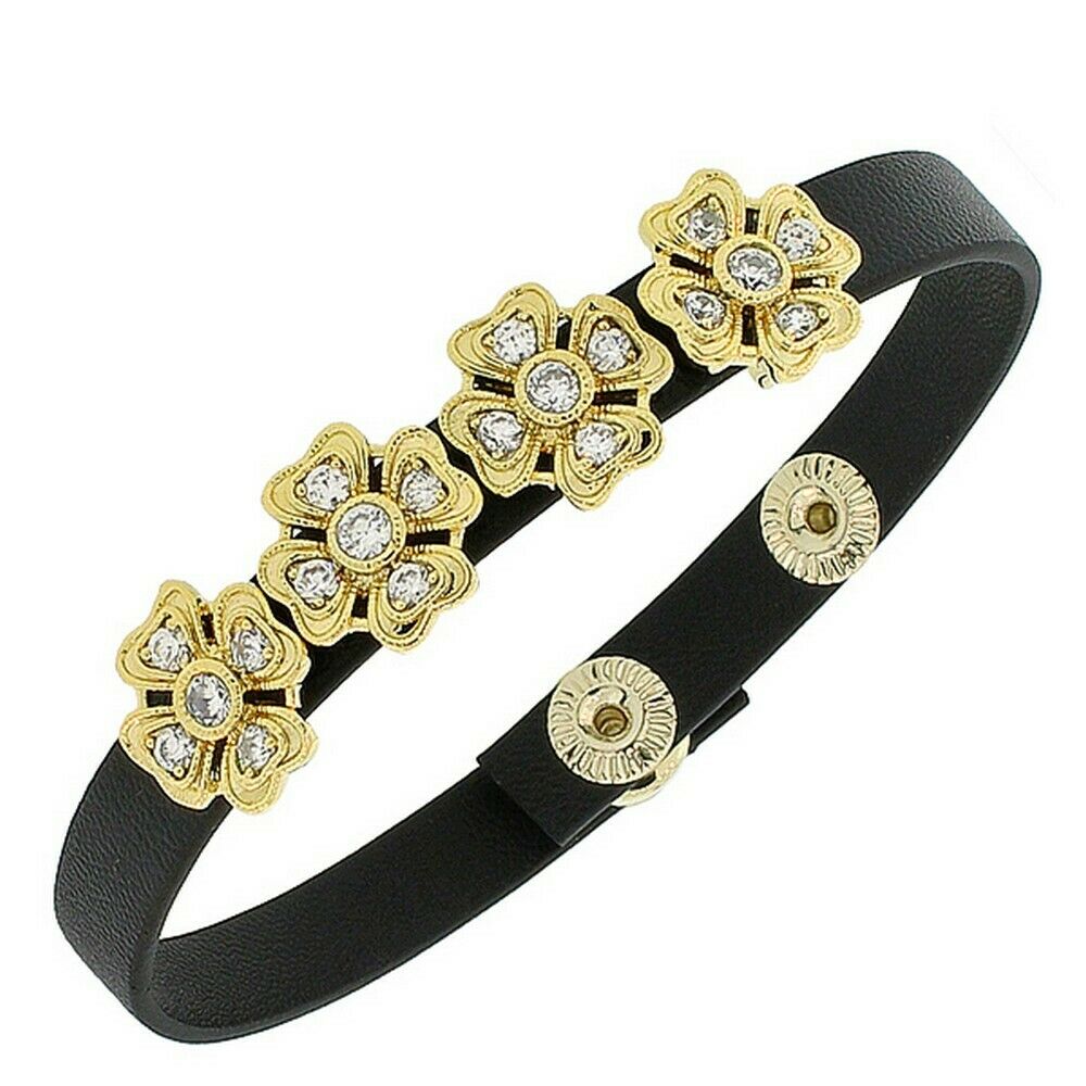 

Black Leather Yellow Gold White Crystals CZ Floral Wristband Womens Bracelet
