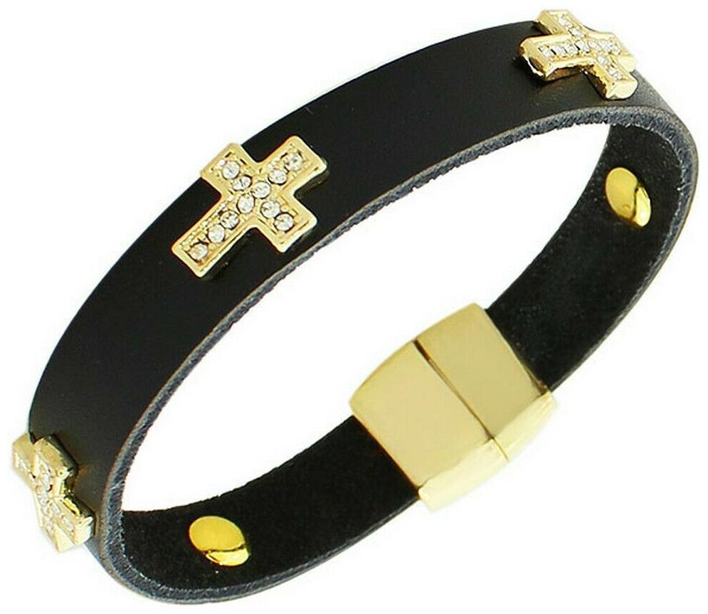

Black Leather Yellow Gold Crystals CZ Cross Religious Wristband Wrap Bracelet