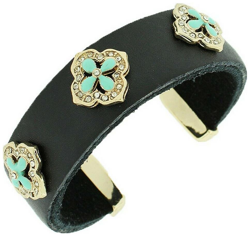 

Black Leather Yellow Gold Tone Crystals Turquoise Open End Womens Cuff Bracelet