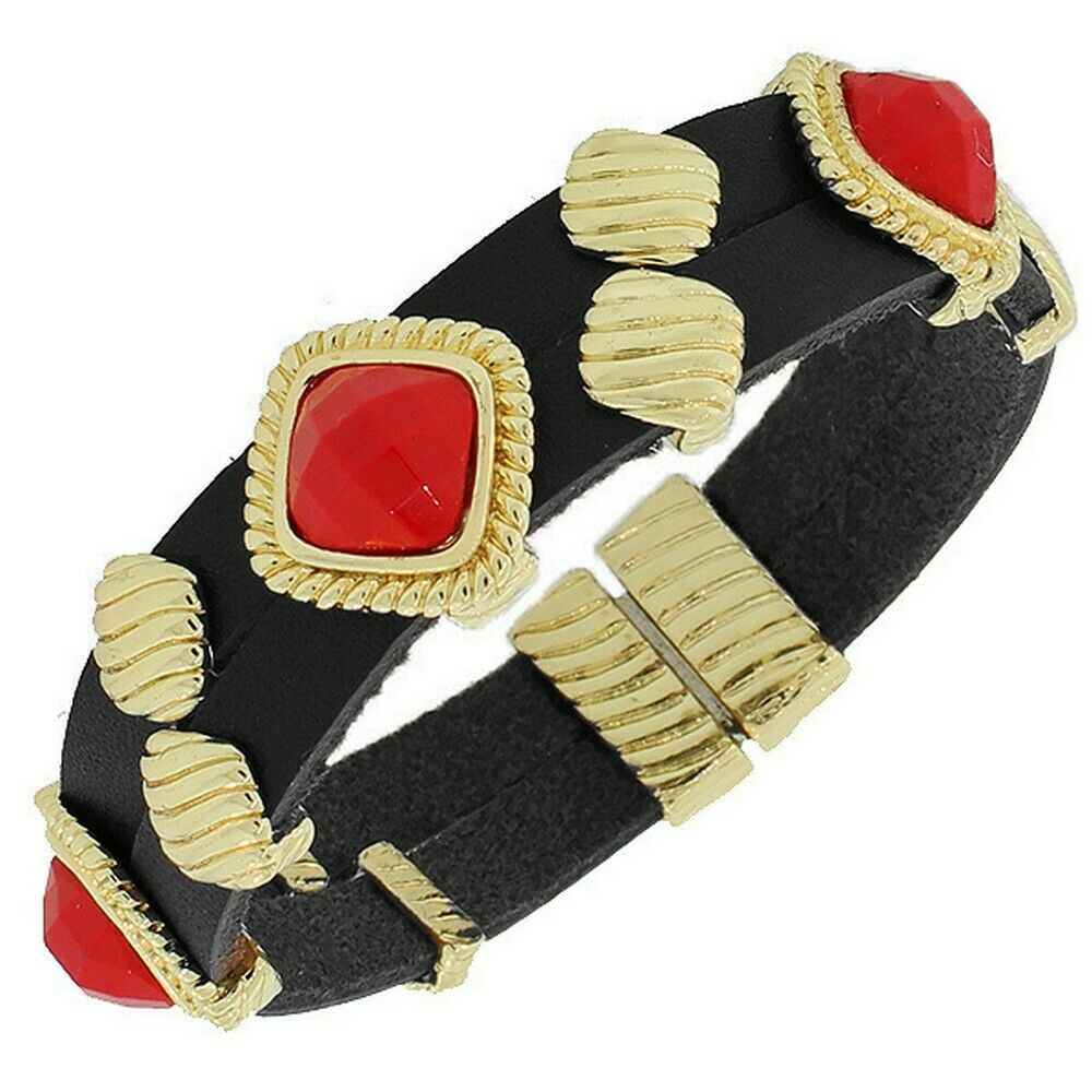 

Black Leather Yellow Gold Tone Red Gem Stones Womens Wristband Bracelet