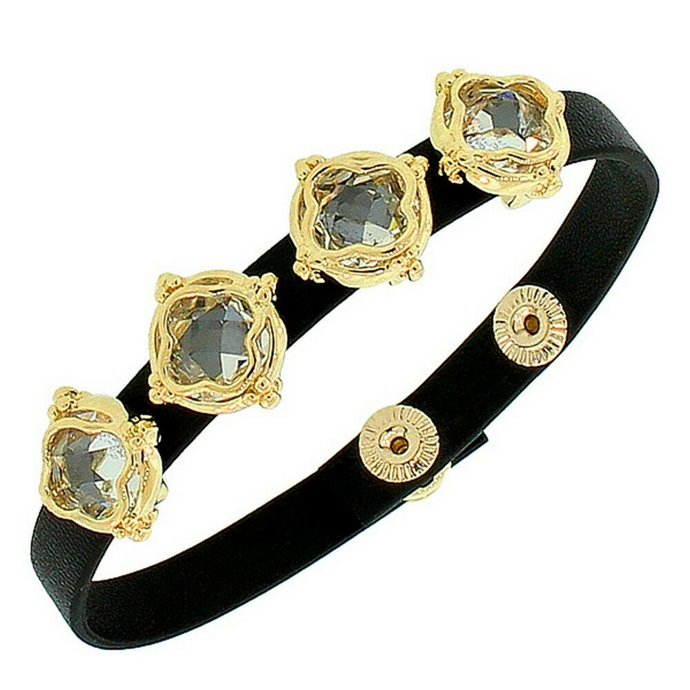 

Black Leather Yellow Gold White Crystals CZ Wristband Womens Adjustable Bracelet