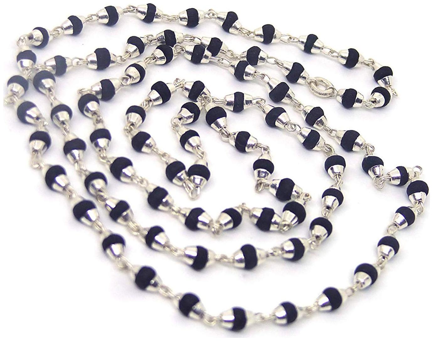 

black Tulsi Beads Mala in Silver Plated Self Design Caps
